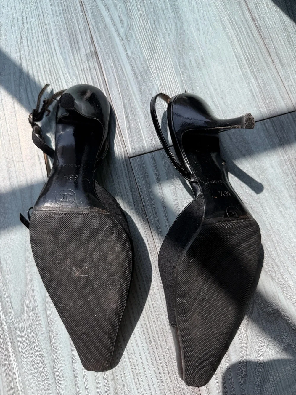 CHANEL Black Patent & Fabric Slingback Heels with Bow Accent